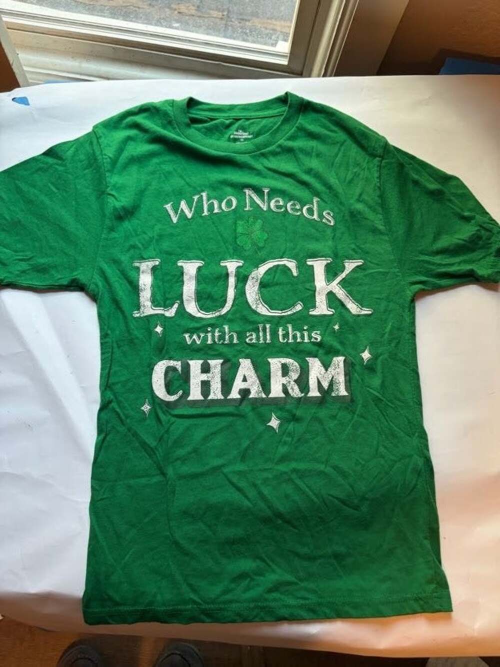St. Patrick's Day T-Shirt "Who Needs Luck With All This Charm" — Green, XS